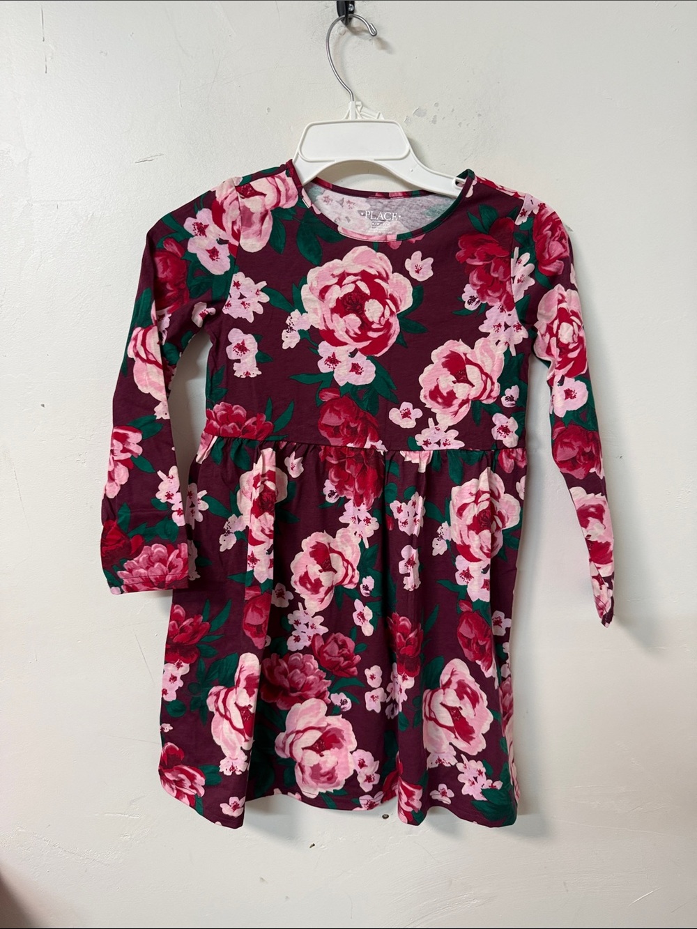 The Children's Place Burgundy Floral Long-Sleeve Dress with Pink Roses